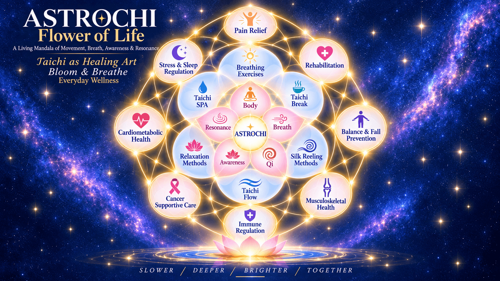 AstroChi 生命之花：以身體、呼吸、覺察、共振與氣為核心，向外展開放鬆、纏絲、呼吸練習，以及舒緩疼痛、睡眠、平衡等日常保健面向。
